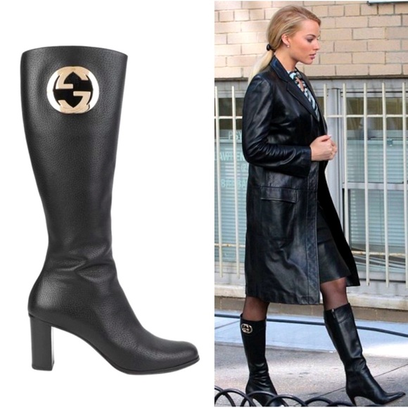 Vintage Gucci Black Leather Knee High Heel Boots 39.5 Tom Ford GG Interlocking